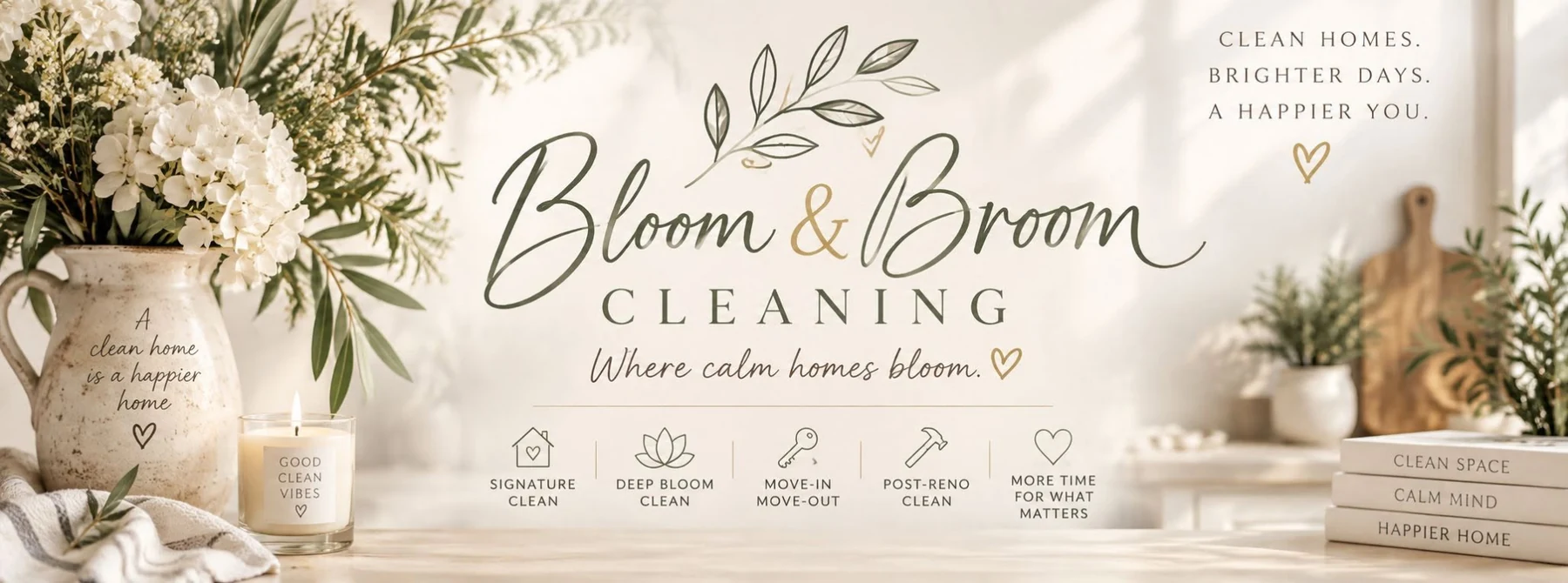 Bloom & Broom Cleaning brand banner with soft floral styling