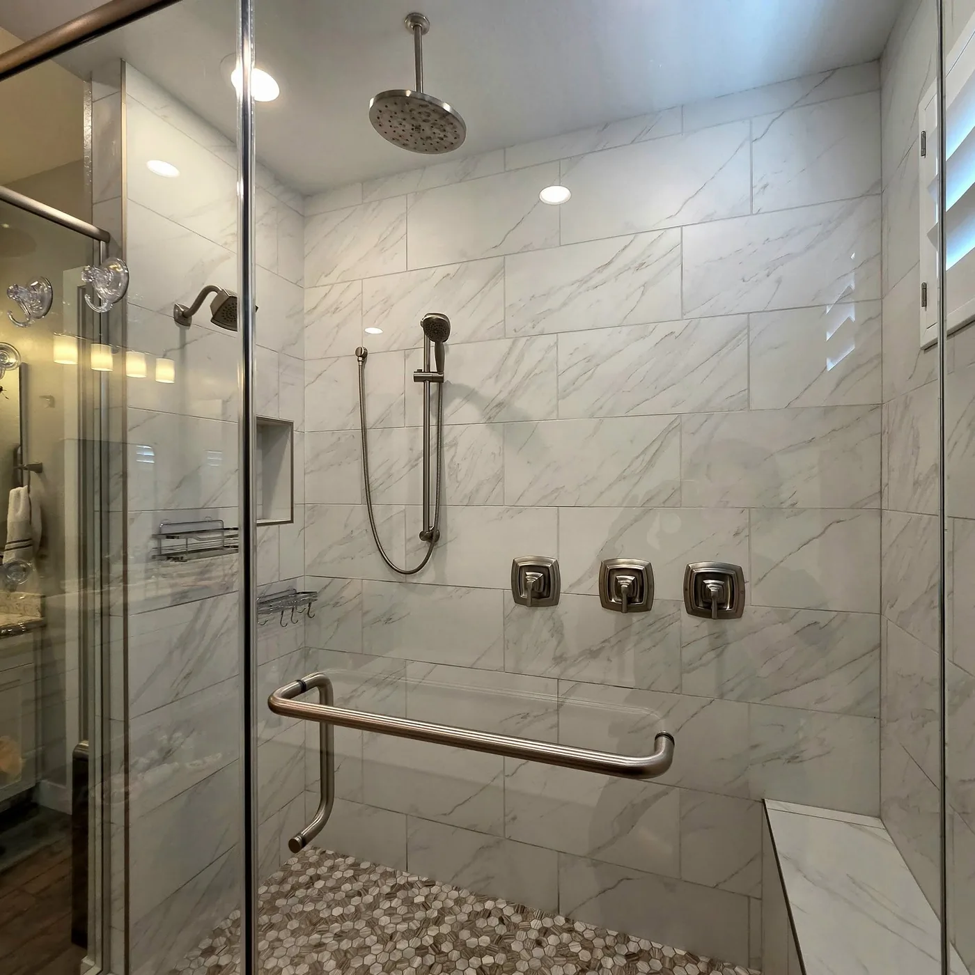 Freshly cleaned bright tiled shower